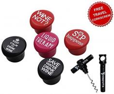 Funny Wein Pfropfen (Set von 5) mit Reise Korkenzieher von vinovita | Lebensmittelechtes Silikon, wiederverwendbar, Lecksicher und flexibel Kappen | für rot & weiß Wine Tasting, Reisen, Geschenke, Picknicks und mehr