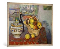 Gerahmtes Bild von Paul Cézanne Stilleben mit Obstkorb und Suppenterrine, Kunstdruck im hochwertigen handgefertigten Bilder-Rahmen, 100x70 cm, Silber Raya