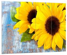 Pixxprint HBVs_2091_80x60 schöne Sonnenblumen auf Holztisch MDF-Holzbild im Bretterlook Wanddekoration, bunt, 80 x 60 x 2 cm