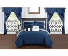 Chic Home SIGAL 20-teiliges Schmuseset Wendebettwäsche geometrisch gestepptes Design Komplettbett in Einer Tasche Bettwäsche Bettlaken Dekokissen Kissenbezüge Fenstervorhänge inklusive Queen Navy