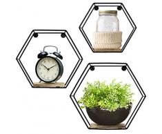 Greenco Wandregal mit geometrischer Wandmontage, schwebend, Heimdekoration, Metalldraht und rustikales Holz, für Schlafzimmer Hexagon Rustikal