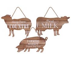 Urban Trends 53900-ast Holz Wand Decor in Kuh/Schwein/Schaf Figur mit Seil Griff/weiß Bedruckt Text Sortiment von DREI natürlichen Finish, braun, 3 Stück