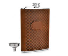 Gennissy Taschenflasche aus Edelstahl 304 18/8, 0,23 l – braunes Leder mit 3 Bechern und Trichter, 100 % auslaufsicher, edelstahl, SH0045BW, 9 oz