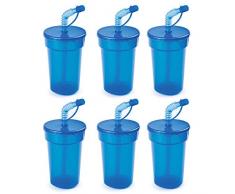 Buntes Trinkglas mit gebogenem Strohhalm, Polypropylen, blau, 6 Stück