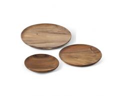 K&K Interiors 15016A Tablett, rund, geschnitzt, Akazienholz, 3 Stück
