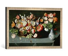 Gerahmtes Bild von Osias Beert der Ältere Stilleben mit Blumen und Schmetterlingen, Kunstdruck im hochwertigen handgefertigten Bilder-Rahmen, 60x40 cm, Silber Raya