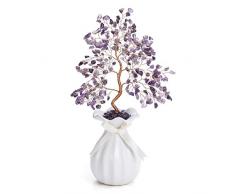 CrystalTears 7 Chakra Heilkristall Geldbaum Feng Shui Kristall Bonsai Baum Skulptur Natur Trommelstein Baum Ornament mit weißer Keramik Blumenvase für Heimdekoration Reichtum Heilungsgeschenk Amethyst Kristall Baum