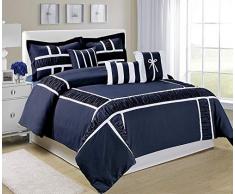 HIG 7-teiliges Schmusetuch Set Cal.King Microfaser Rüschen und Patchwork Marma Bett in einer Tasche, weich, hypoallergen, verblasst nicht, 1 Schmusetuch, 2 Bettbezüge, 3 dekorative Kissen, 1 Bettrock Modern King navy