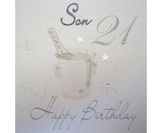 WHITE COTTON CARDS WBS21-Son Sektkühler, glitzernde Geburtstagskarte 21. Geburtstag Happy 21st Birthday, handgefertigt, Weiß