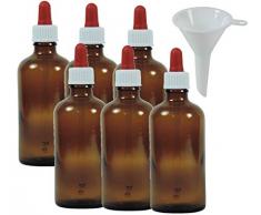 Viva Haushaltswaren - 6 x Pipettenflasche 100 ml aus Braunglas, kleine Glasgefäße als Apothekerflaschen zum Befüllen verwendbar - Made in Germany & BPA frei (inkl. Trichter Ø 5 cm)