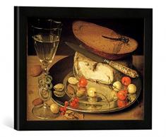 Gerahmtes Bild von Georg Flegel Stilleben mit Käse und Kirschen, Kunstdruck im hochwertigen handgefertigten Bilder-Rahmen, 40x30 cm, Schwarz matt