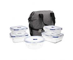 Luminarc Pure Box Active Set 5 luftdichte Frischhaltedosen aus Glas + Thermo-Tasche, extra robust, BPA-frei, Mikrowellenventil, 0,76 + 0,82 + 0,92 + (2 x 1,22) L, Textil
