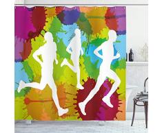Fitness Vorhang für die Dusche von ambesonne, Läufer Silhouetten auf Watercolor Spritzern Joggen Outdoor Sportler Marathon, Stoff Badezimmer Decor Set mit Haken, multicolor, Textil, Multi 1, 69W x 70L