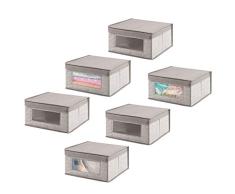 mDesign Weicher stapelbarer Stoffschrank Aufbewahrungs-Organizer mit transparentem Fenster, aufgesetzter Scharnierdeckel – für Schlafzimmer, Flur, Eingangsbereich, Badezimmer – strukturierter Druck, Medium, 6er-Pack, Leinen/Hellbraun