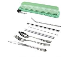 TIMGOU Portable 7 Stück Besteck Set, Wiederverwendbare 304 Edelstahl Gabel, Messer, Löffel, Stäbchen, Saft Stroh, Smoothie Stroh und Reinigungsbürste, Durable Travel Besteck-Grün