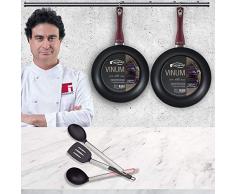 San Ignacio 2 große Pfannen Ø28 Ø30 cm geschmiedetes Aluminium VINUM + Set mit 3 Kochutensilien für Gas und Glas (nicht Induktion)