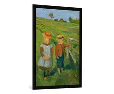 Gerahmtes Bild von Paula Modersohn-Becker Zwei Kinder in der Sonne am Wiesenzaun stehend, Kunstdruck im hochwertigen handgefertigten Bilder-Rahmen, 70x100 cm, Schwarz matt