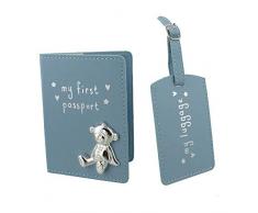 Happy Homewares Geschenk-Set mit Aufschrift My First Passport & Gepäckanhänger, Kunstleder, mit silberfarbenem Teddybär Passport Holder & Luggage Tag blau
