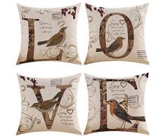 MIULEE 4 Stück Dekorative Vogel Liebe Kissenhülle Antik Stil Vintage Baumwolle Leinen Jute Quadratisch Kissenbezug für Sofa Schlafzimmer Auto 18 x 18 Zoll 45 x 45 cm