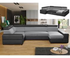 XXL Wohnlandschaft mit Bettfunktion Stoff VALMY - Ecke Rechts - Hellgrau/Schwarz