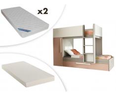 Set Etagenbett Ausziehbett ANTONIO + 3 Matratzen - 3x90x190cm - Rosa