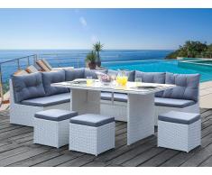 Garten Sitzgruppe Polyrattan & Glas: 5-Sitzer-Sofa, 3 Hocker + 1 Tisch - Weiß & Grau - PALAWAN