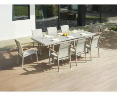 Garten-Essgruppe: Tisch ausziehbar 180/240 cm + 8 stapelbare Sessel mit Armlehnen aus Akazienholz - Aluminium - Taupe - NAURU von MYLIA