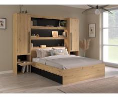 Bett mit Stauraum & LEDs - 160 x 200 cm - Holzfarben & Schwarz - VARLY
