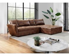 Ecksofa mit Schlaffunktion - Mikrofaser - Braun mit Vintage-Look - Ecke Rechts - ROMANE II