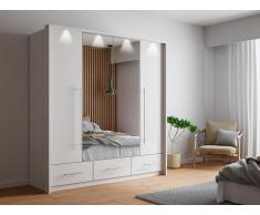 Kleiderschrank mit Spiegel & LEDs - 2 Türen & 3 Schubladen - B. 255 cm - Weiß - SINALIA