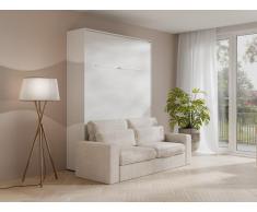 Schrankbett + Sofa + Matratze - 140 x 200 cm - Manuelle vertikale Öffnung - Mit LED-Beleuchtung - Weiß - RAPILI