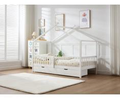 Bett in Hausoptik mit Schubladen - 90 x 190 cm - Kiefer & MDF - Weiß - KIRALIO