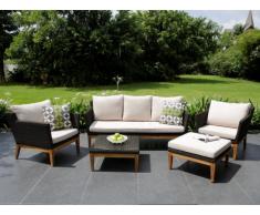 Garten Sitzgruppe Holz & Polyrattan NASHIK: 3-Sitzer-Sofa, 2 Sessel, Sitzhocker & Couchtisch