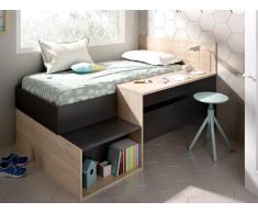 Bett mit Stauraum & Schreibtisch LISON - 90 x 190 cm - Anthrazit & Eichenholzfarben