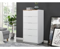 Hochkommode mit 5 Schubladen - MDF lackiert - Weiß & Eichefarben - AMANI