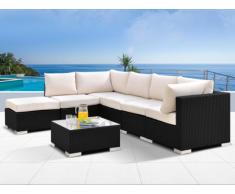 Garten Sitzgruppe Polyrattan ALANDA: 5-Sitzer-Sofa, Hocker + Couchtisch - Schwarz