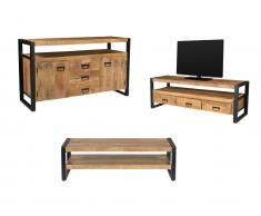 Sparset: Sideboard + Couchtisch + TV-Möbel - Holz & Metall - Naturfarben & Schwarz - HARLEM