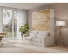 Schrankbett + Sofa + Matratze - 140 x 200 cm - Manuelle vertikale Öffnung - Mit LED-Beleuchtung - Weiß & Holzfarben - RAPILI