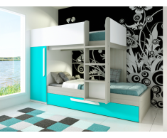 Etagenbett mit Ausziehbett & Kleiderschrank ANTONIO - 3 x 90 x 190 cm - Kiefer - Türkis & Weiß