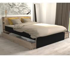 Bett mit Stauraum EUGENE - 140x190cm - Eichefarben & Schwarz