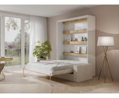 Schrankbett + Sofa + Matratze - 160 x 200 cm - Manuelle vertikale Öffnung - Mit LED-Beleuchtung - Weiß & Holzfarben - RAPILI