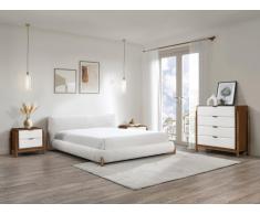 Bett - 160 x 200 cm - Bouclé-Stoff - Weiß & Holzfarben - GAMURA