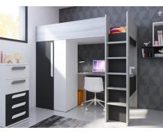 Hochbett mit Schreibtisch & Kleiderschrank NICOLAS - 90 x 200 cm - Anthrazit & Weiß