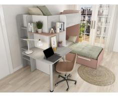 Eck-Hochbett - 2 x 90 x 190 cm - mit Schreibtisch - Grau, Weiß & Rosa - SAMUEL