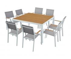 Garten-Essgruppe: Tisch quadratisch 140 cm + 8 stapelbare Sessel - Aluminium - Holzfarben hell & Grau - MACILA von MYLIA