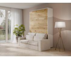 Schrankbett + Sofa - 160 x 200 cm - Manuelle vertikale Öffnung - Mit LED-Beleuchtung - Weiß & Holzfarben - RAPILI