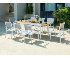 Garten-Essgruppe: Tisch ausziehbar L. 170/230 cm + 8 stapelbare Sessel - Aluminium & Polywood - Holzfarben hell & Grau - MACILA von MYLIA