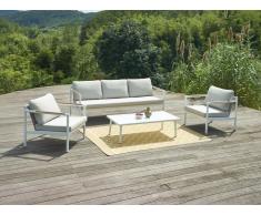 Garten-Sitzgruppe: 1 Sofa 3-Sitzer, 2 Sessel & 1 Tisch - Aluminium - Weiß & beigefarbene Kissen - LAKIT von MYLIA