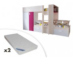 Set Etagenbett mit Kleiderschrank JULIEN + 2 Matratzen - 2x90x190cm - Eichenholzfarben/Fuchsia