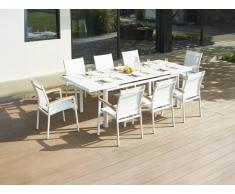 Garten-Essgruppe: Tisch ausziehbar 180/240 cm + 8 stapelbare Sessel mit Armlehnen aus Akazienholz - Aluminium - Weiß - NAURU von MYLIA